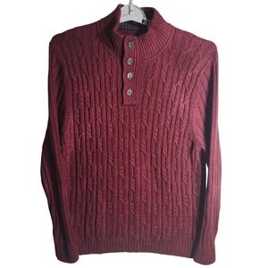 Tasso Elba Men's Burgundy Cable Knit‎ Button Mock Neck Sweater XL 100% Cotton